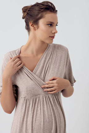 Double Breasted Maternity & Nursing Nightgown Beige - 16109