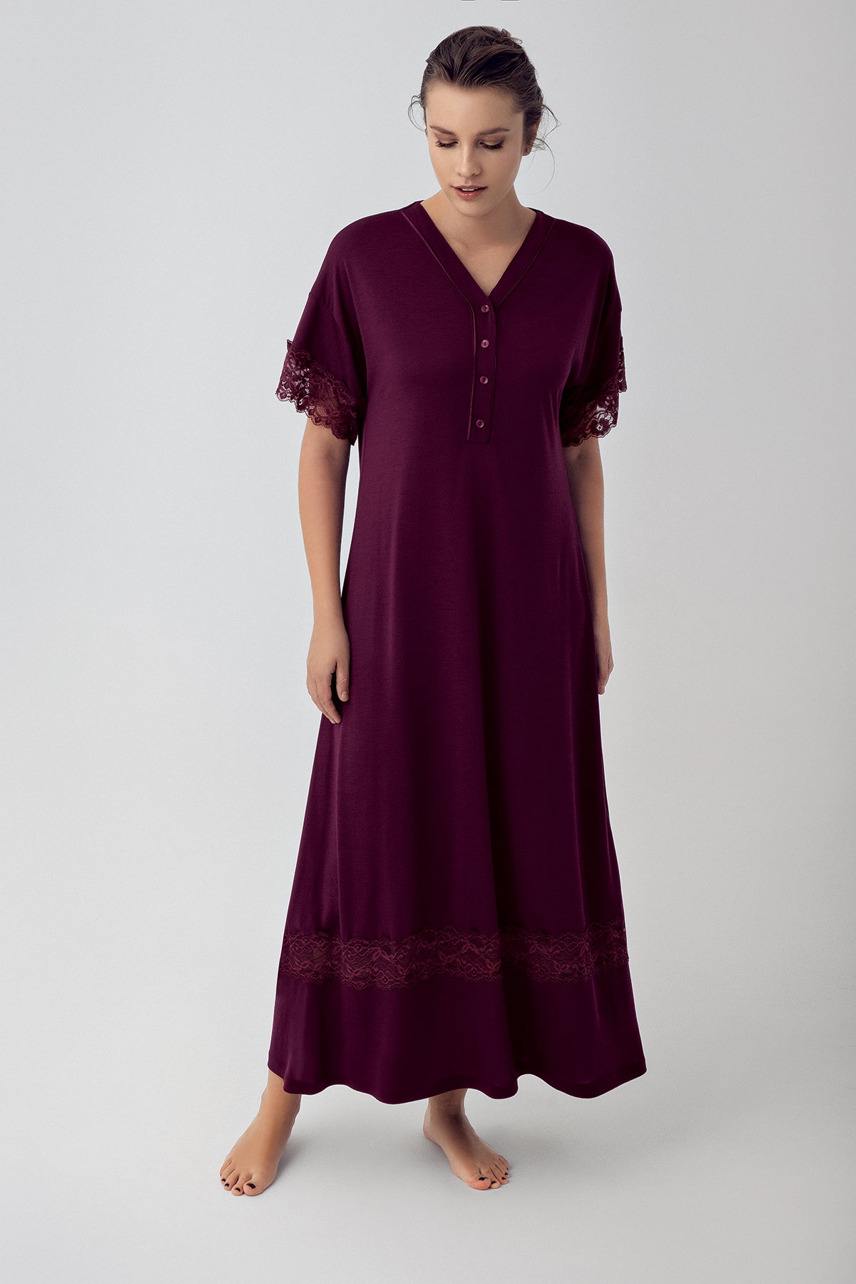 Lace Sleeve Maternity & Nursing Nightgown Plum - 16111
