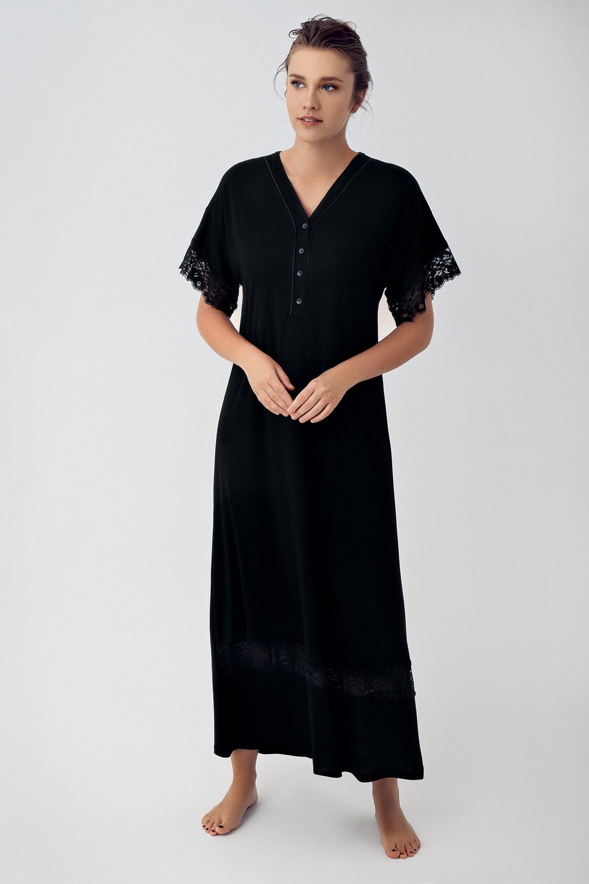Lace Sleeve Maternity & Nursing Nightgown Black - 16111