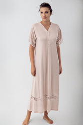 Lace Sleeve Maternity & Nursing Nightgown Beige - 16111