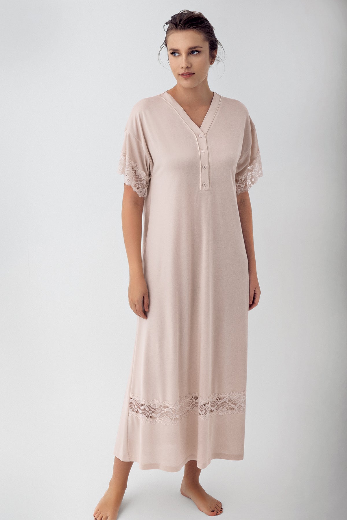 Lace Sleeve Maternity & Nursing Nightgown Dried Rose - 16111