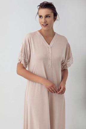 Lace Sleeve Maternity & Nursing Nightgown Beige - 16111