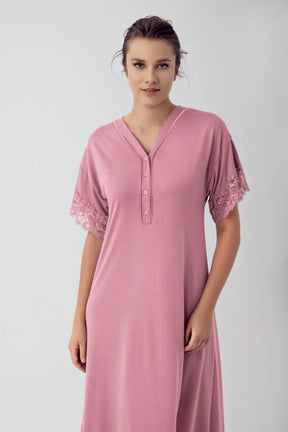 Lace Sleeve Maternity & Nursing Nightgown Dried Rose - 16111