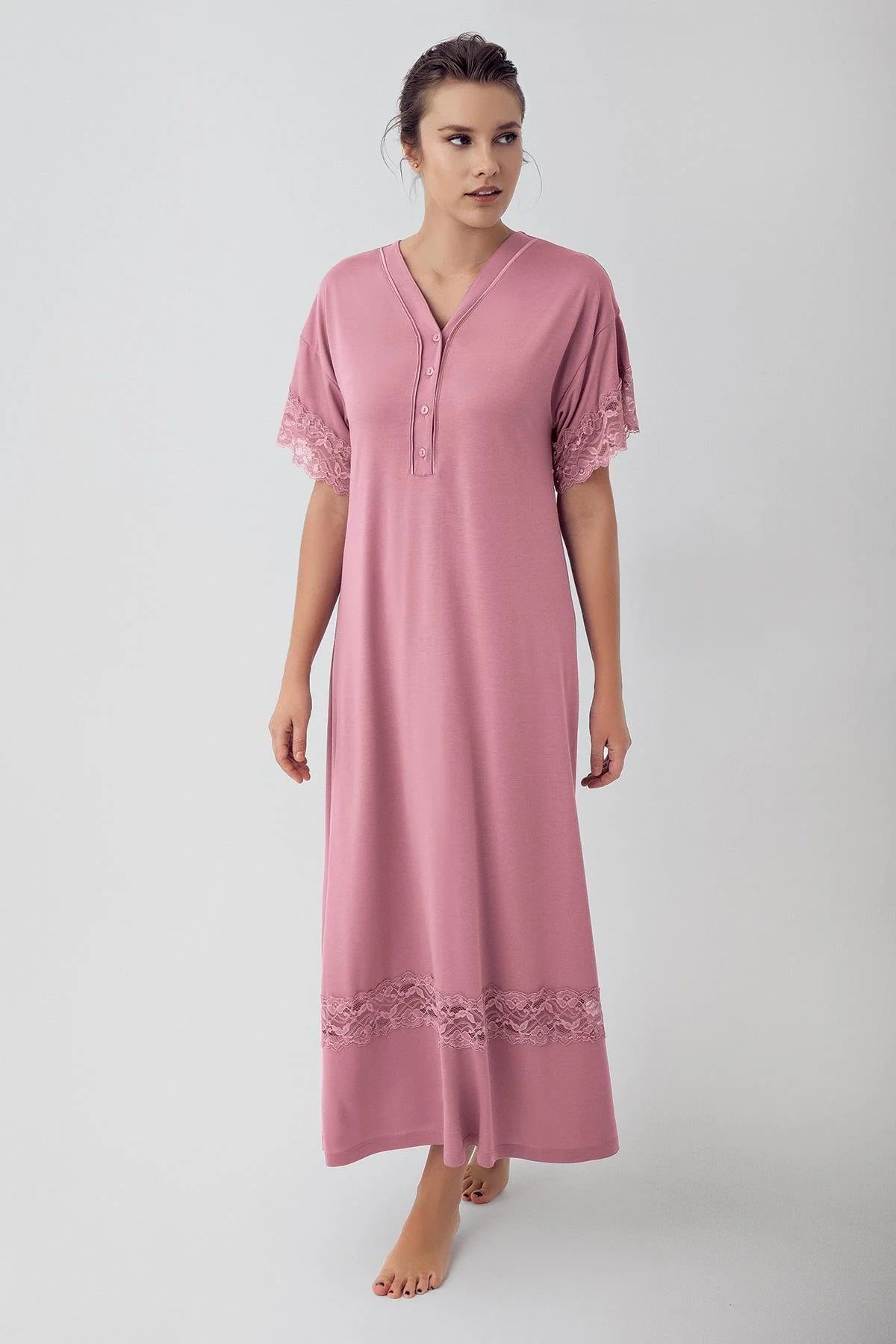 Lace Sleeve Maternity & Nursing Nightgown Dried Rose - 16111