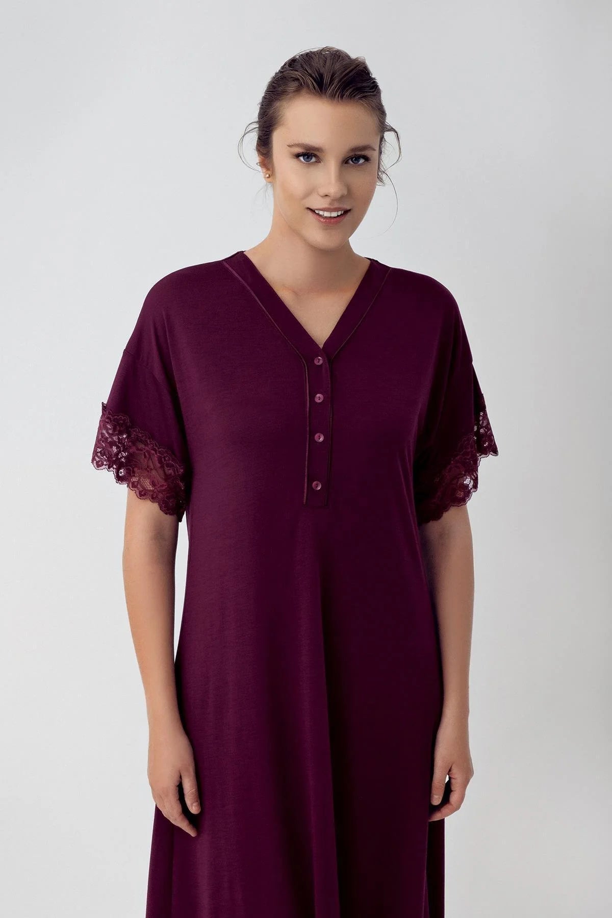 Lace Sleeve Maternity & Nursing Nightgown Plum - 16111