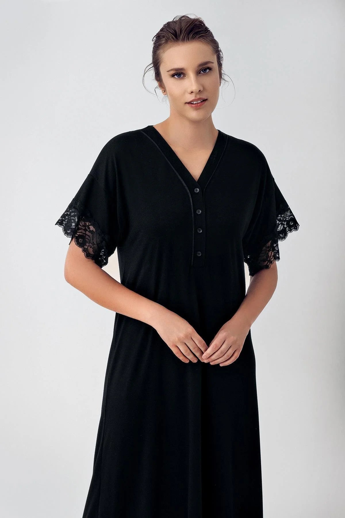 Lace Sleeve Maternity & Nursing Nightgown Black - 16111