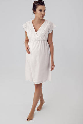 Double Breasted Maternity & Nursing Nightgown With Woven Robe Ecru - 16413