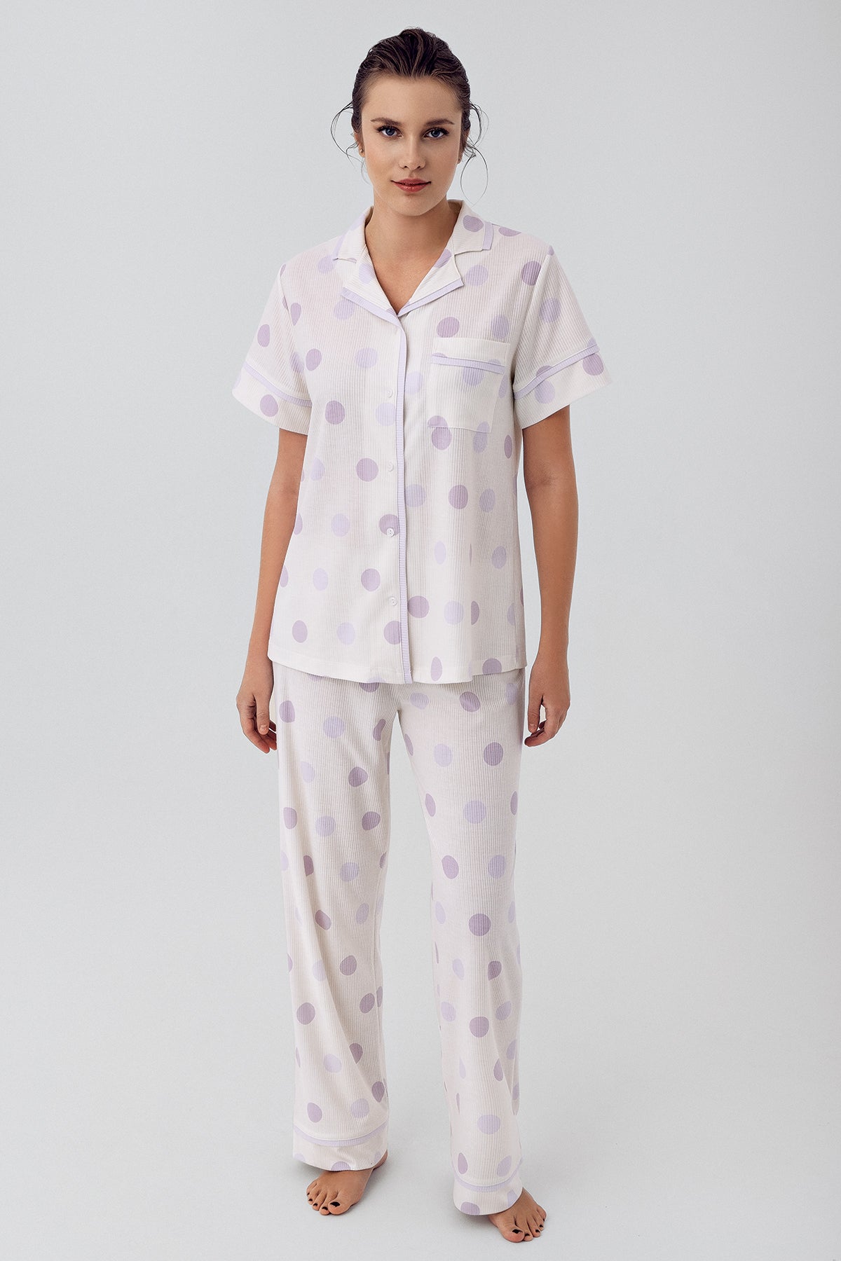 Polka Dot 3-Pieces Maternity & Nursing Pajamas With Robe Lilac - 16310