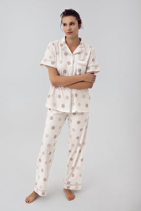 Polka Dot 3-Pieces Maternity & Nursing Pajamas With Robe Beige - 16310