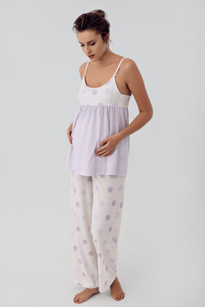 Polka Dot 3-Pieces Maternity & Nursing Pajamas With Robe Lilac - 16301