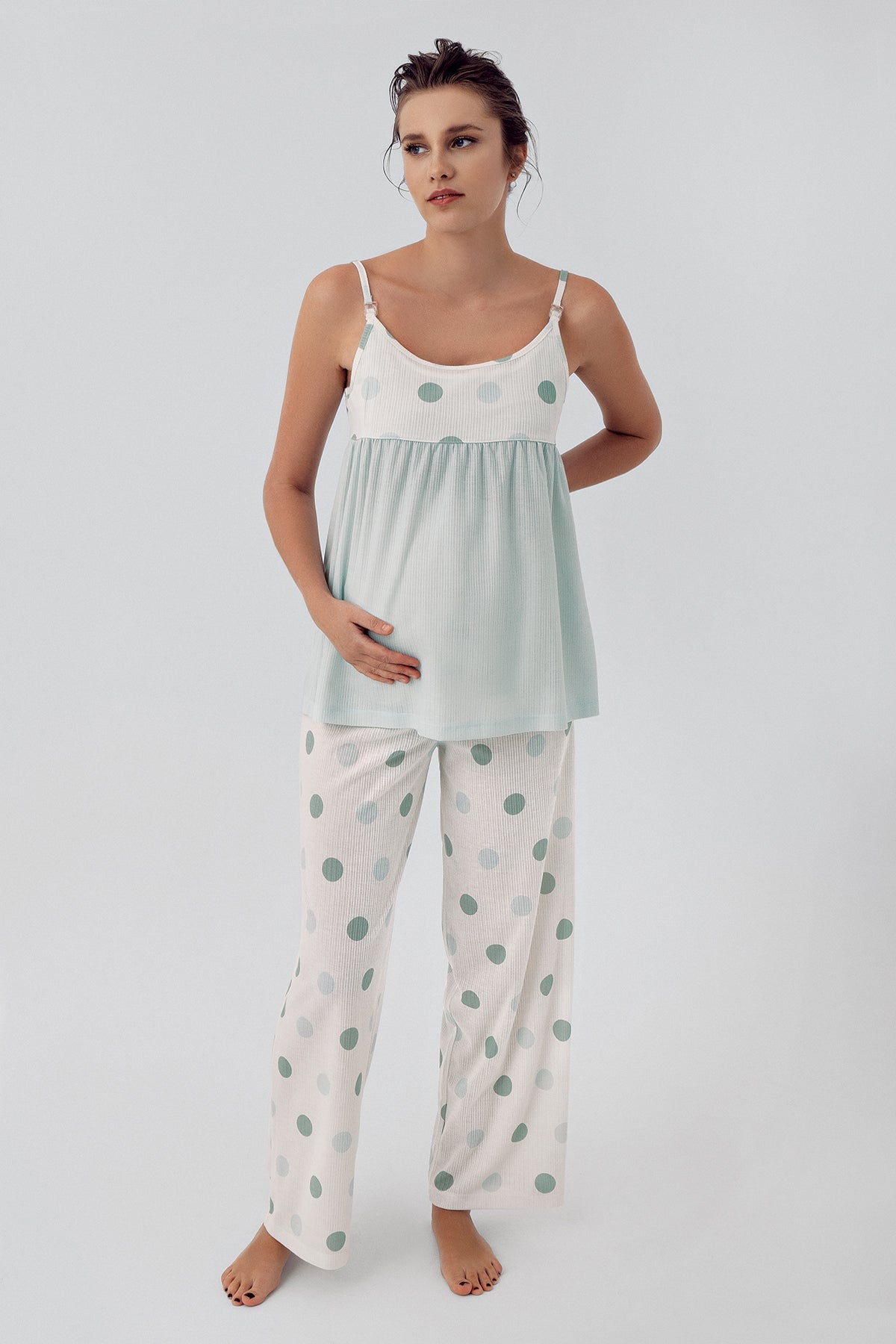 Polka Dot Strap Maternity & Nursing Pajamas Green - 16201