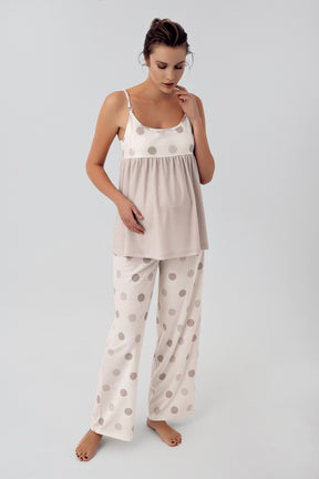 Polka Dot 3-Pieces Maternity & Nursing Pajamas With Robe Beige - 16301