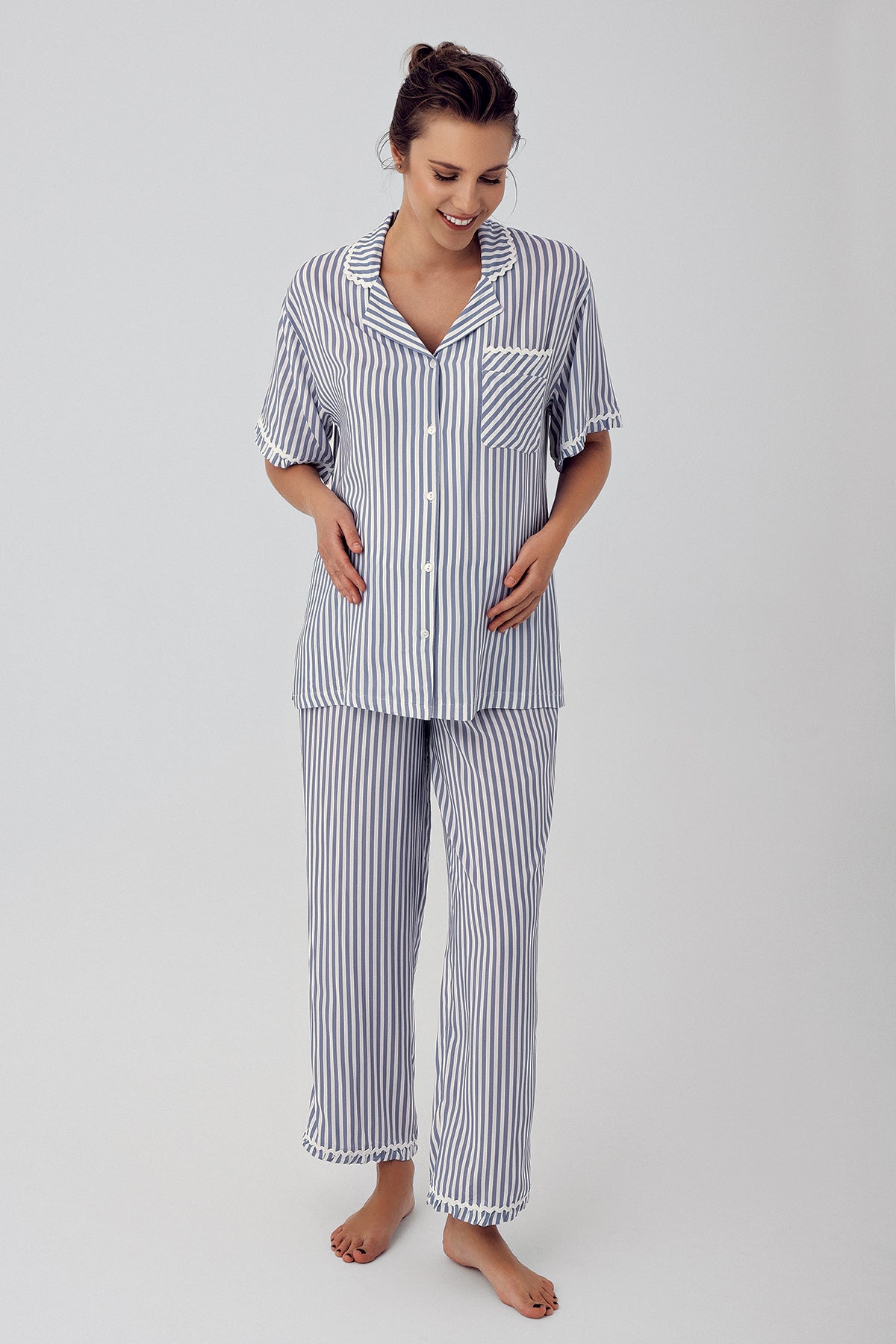 Striped Maternity & Nursing Pajamas Indigo - 16203