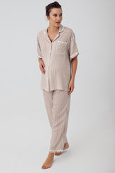 Striped Maternity & Nursing Pajamas Beige - 16203