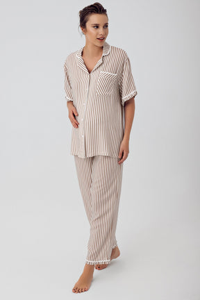 Striped Maternity & Nursing Pajamas Beige - 16203