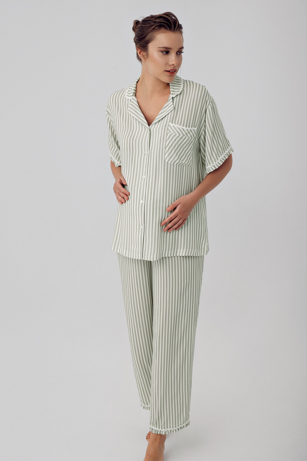 Striped Maternity & Nursing Pajamas Green - 16203