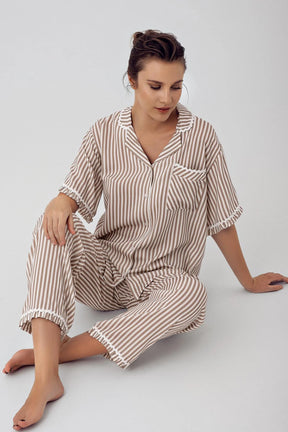 Striped Maternity & Nursing Pajamas Beige - 16203