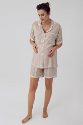 Striped Maternity & Nursing Shorts Set Beige - 16204