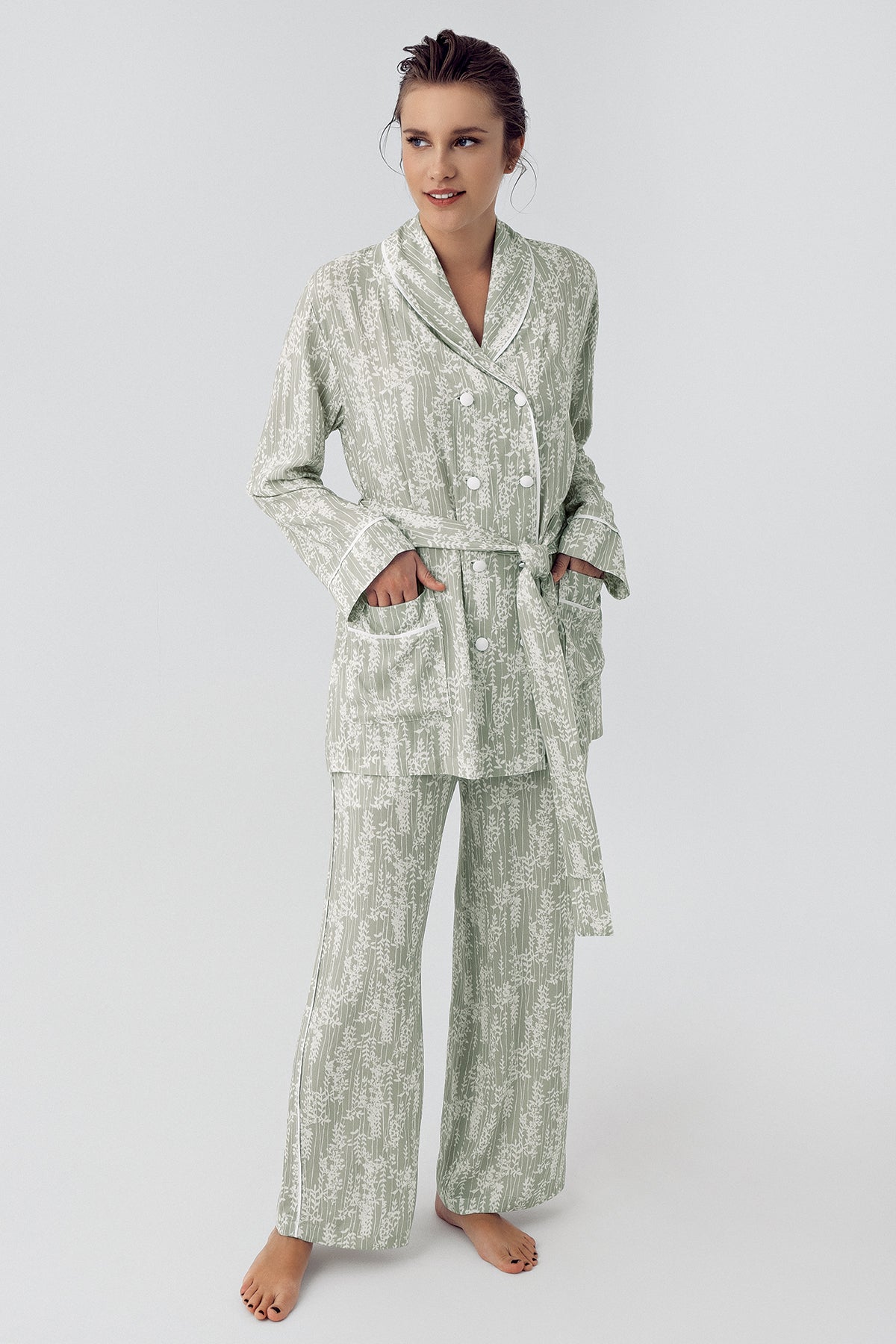 Woven Kimono Maternity & Nursing Pajamas Green - 16205