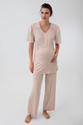 Lace Sleeve Maternity & Nursing Pajamas Beige - 16206