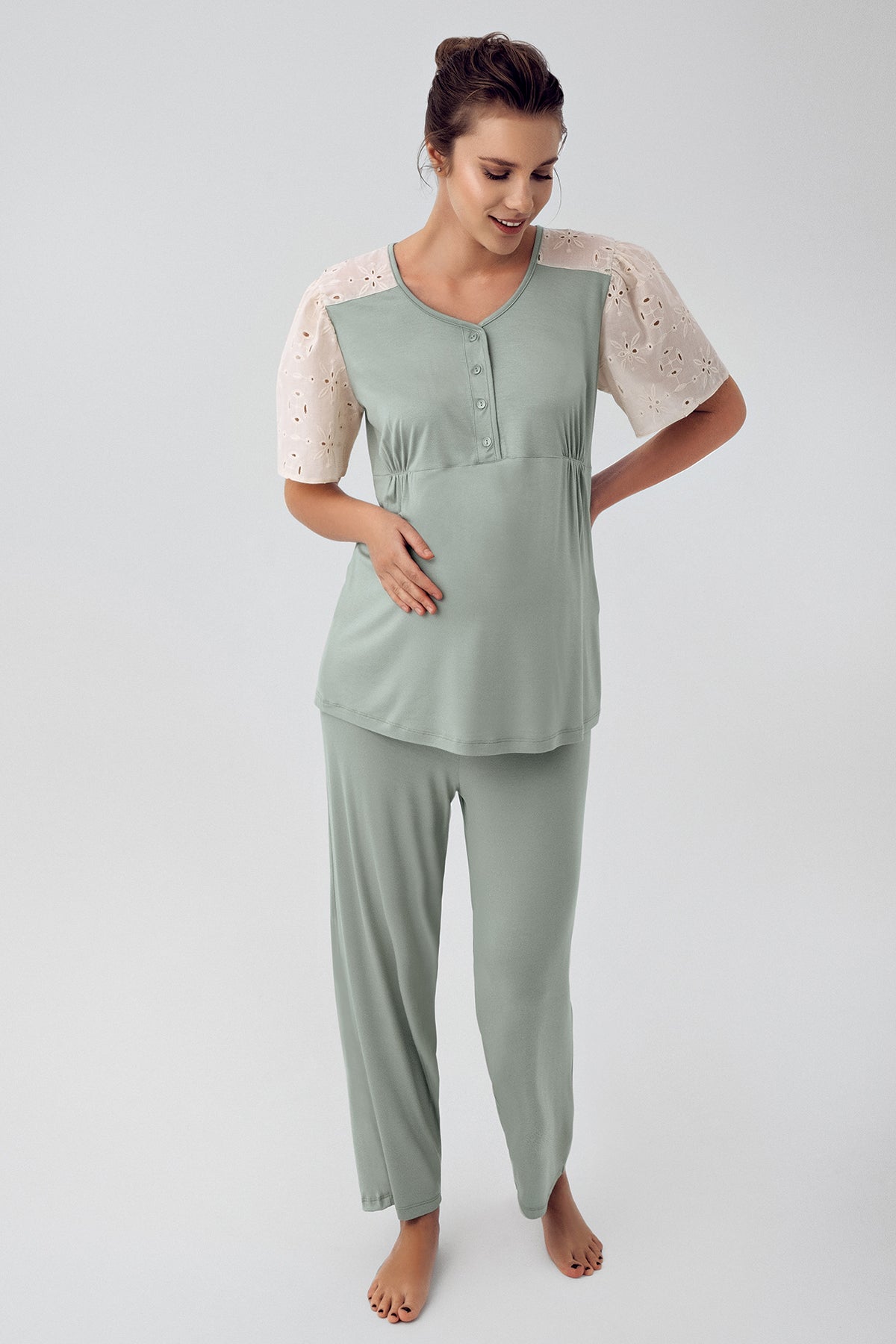 Lace Sleeve Maternity & Nursing Pajamas Green - 16206