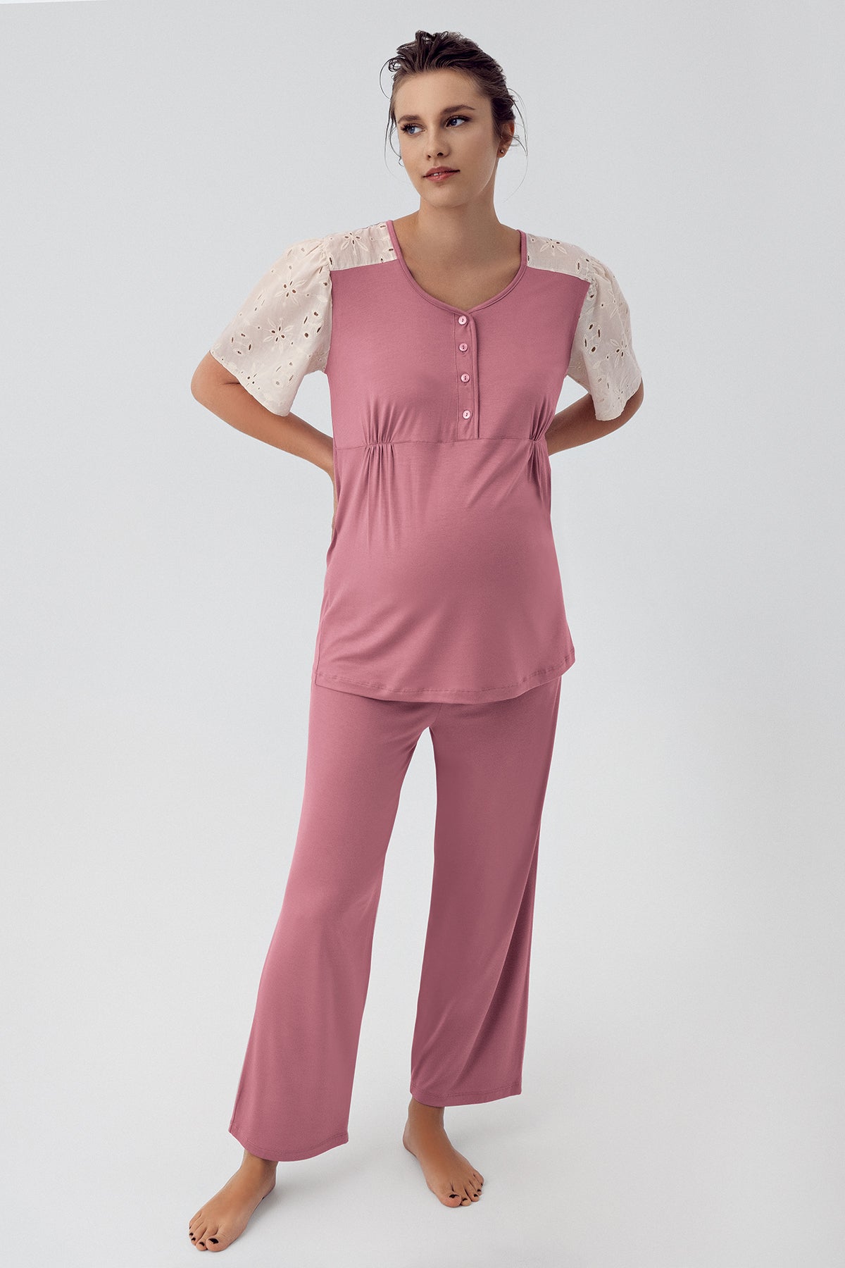 Lace Sleeve Maternity & Nursing Pajamas Dried Rose - 16206