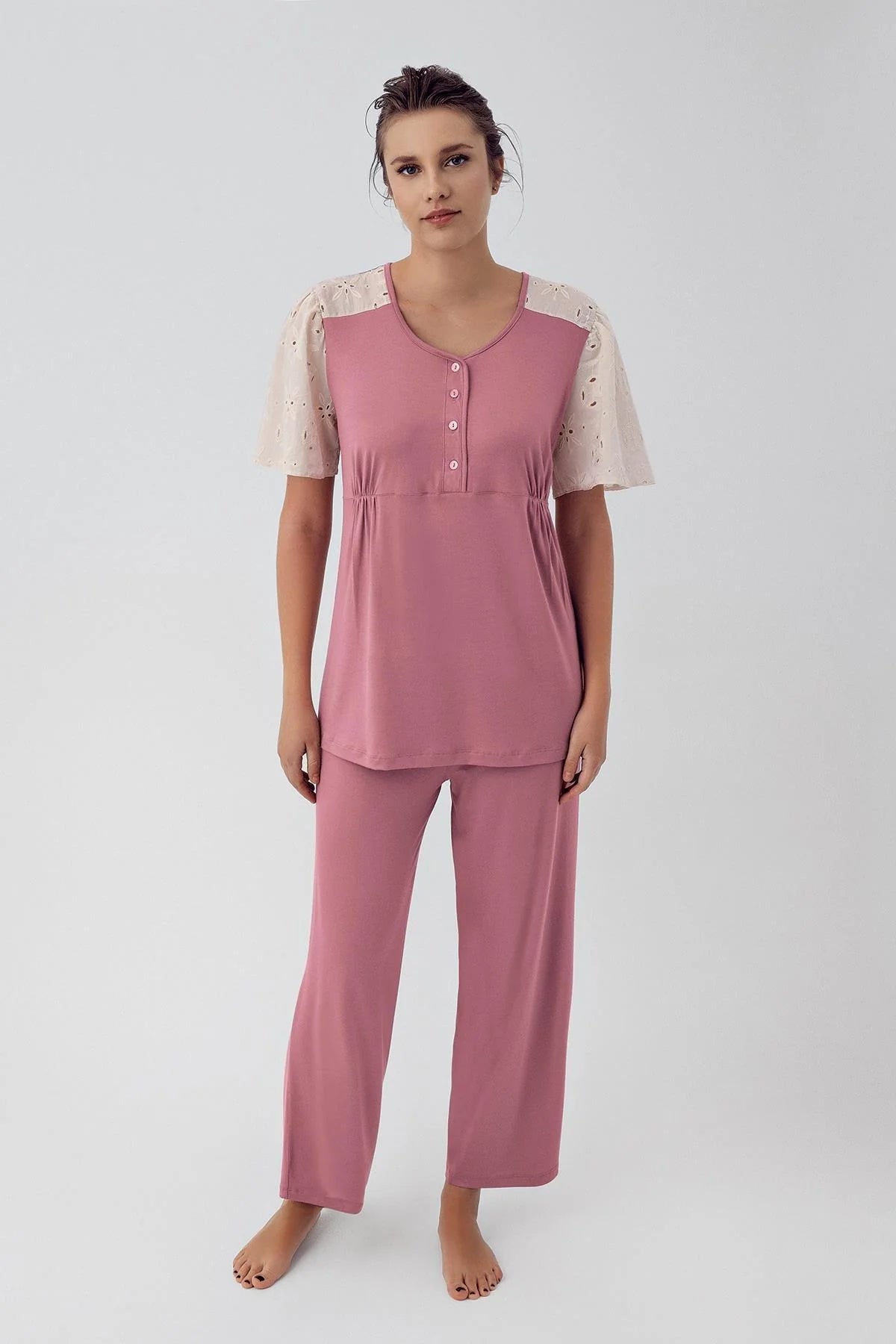 Lace Sleeve Maternity & Nursing Pajamas Dried Rose - 16206