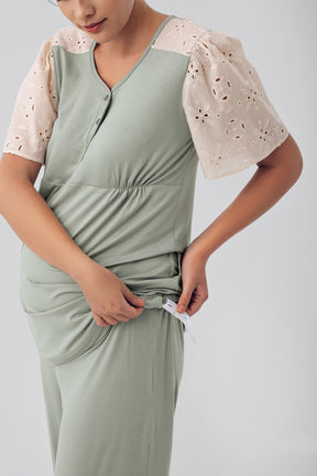 Lace Sleeve Maternity & Nursing Pajamas Green - 16206