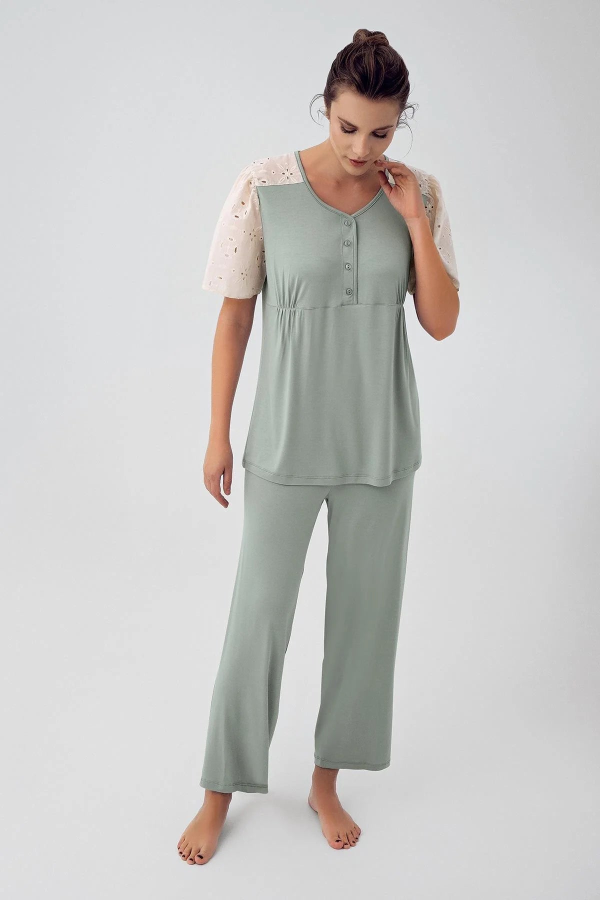 Lace Sleeve Maternity & Nursing Pajamas Green - 16206