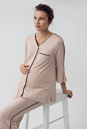 Strip Maternity & Nursing Pajamas Beige - 16207