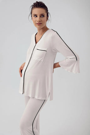 Strip Maternity & Nursing Pajamas Ecru - 16207