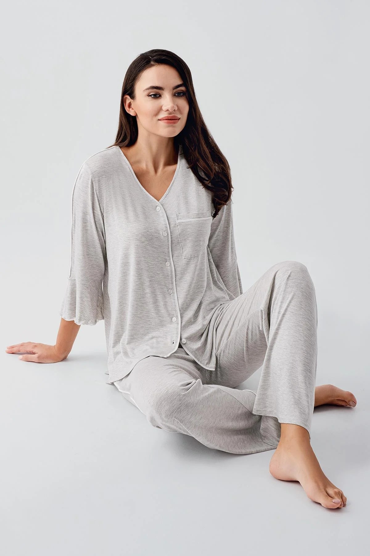 Strip Maternity & Nursing Pajamas Grey - 16207