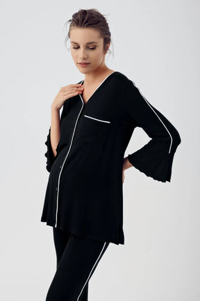 Strip Maternity & Nursing Pajamas Black - 16207