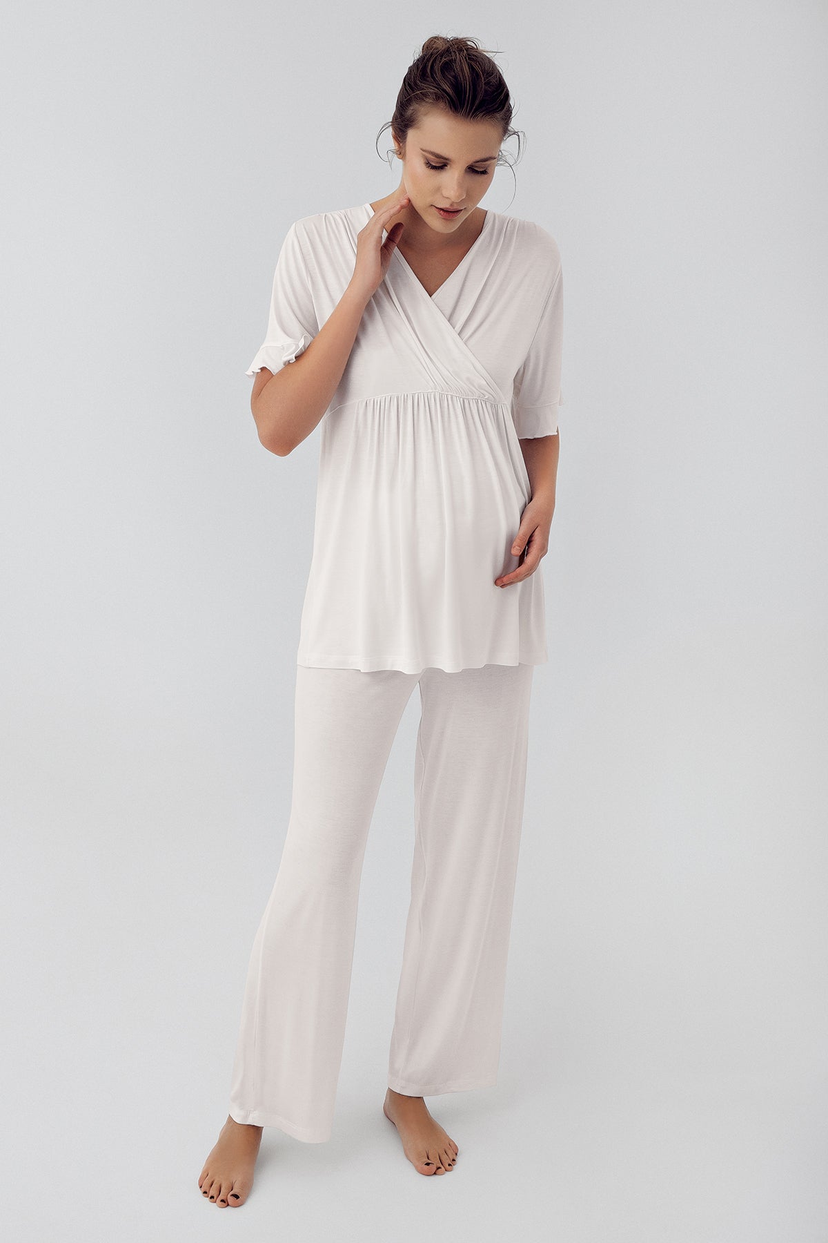 Double Breasted 3-Pieces Maternity & Nursing Pajamas With Flywheel Arm Robe Ecru - 16309