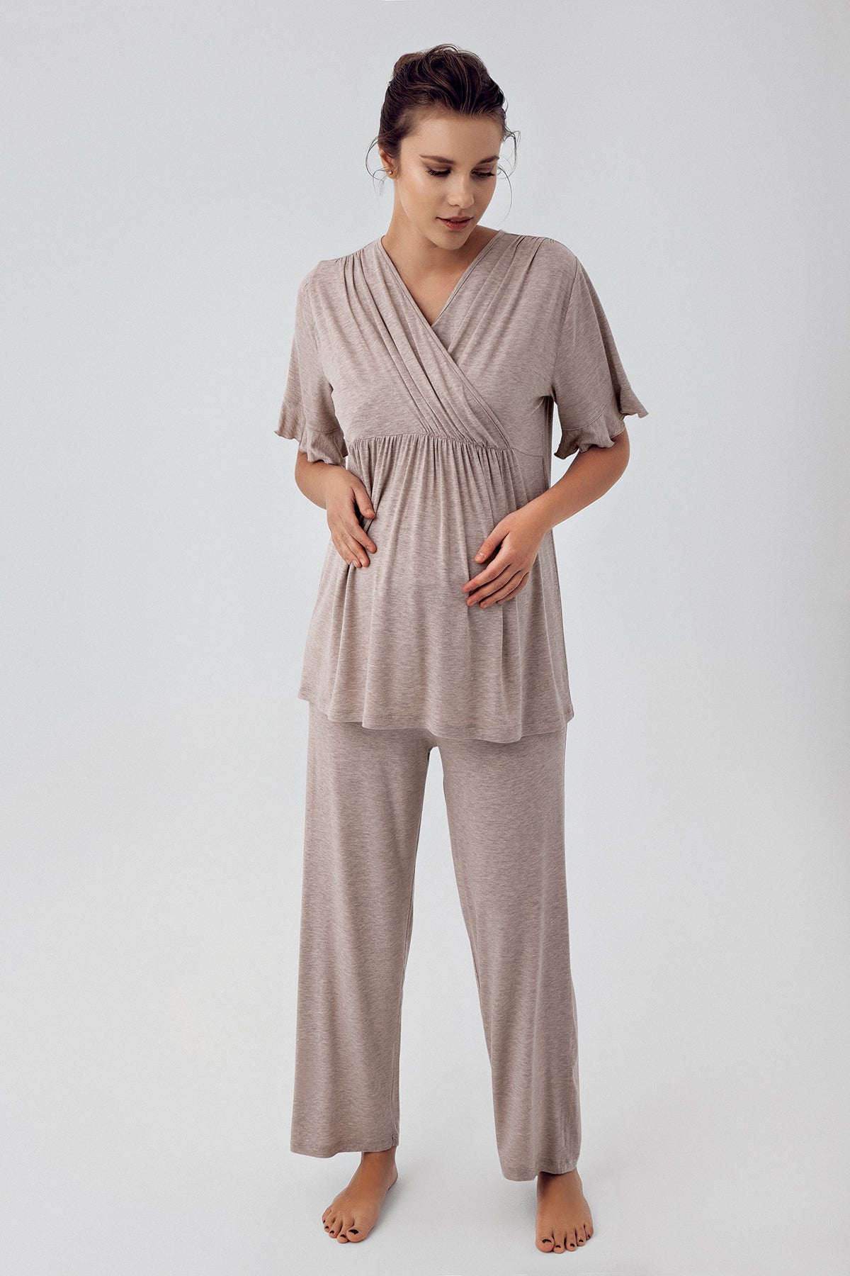 Double Breasted 3-Pieces Maternity & Nursing Pajamas With Flywheel Arm Robe Beige - 16309