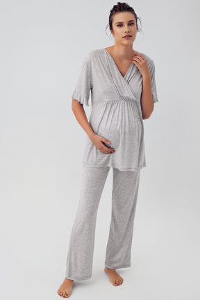 Double Breasted Maternity & Nursing Pajamas Grey - 16209