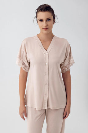 Lace Sleeve Maternity & Nursing Pajamas Beige - 16211