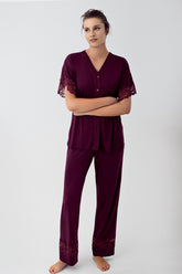 Lace Sleeve Maternity & Nursing Pajamas Plum - 16211