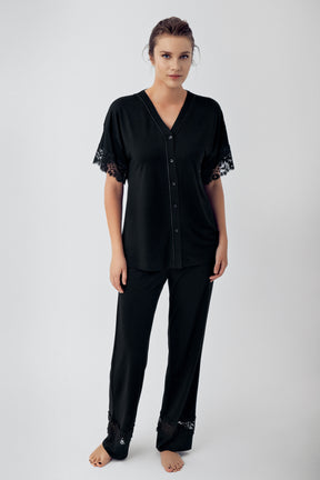 Lace Sleeve Maternity & Nursing Pajamas Black - 16211