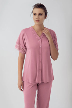 Lace Sleeve Maternity & Nursing Pajamas Dried Rose - 16211