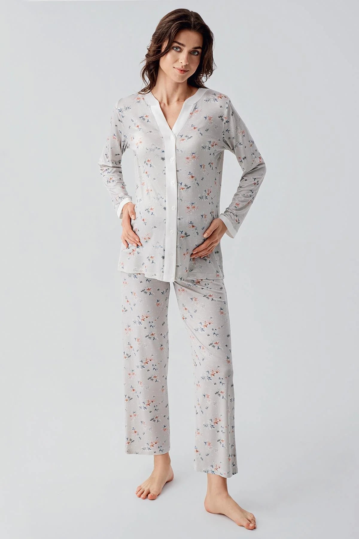 Flower Patterned Maternity & Nursing Pajamas Grey - 16214