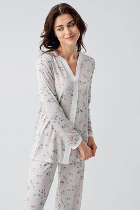 Flower Patterned Maternity & Nursing Pajamas Grey - 16214