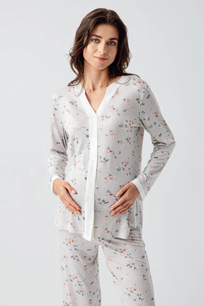 Flower Patterned Maternity & Nursing Pajamas Grey - 16214