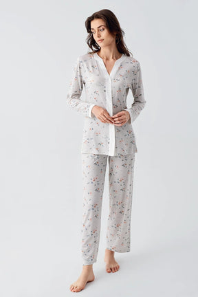 Flower Patterned Maternity & Nursing Pajamas Grey - 16214