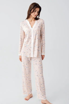 Flower Patterned Maternity & Nursing Pajamas Powder - 16214