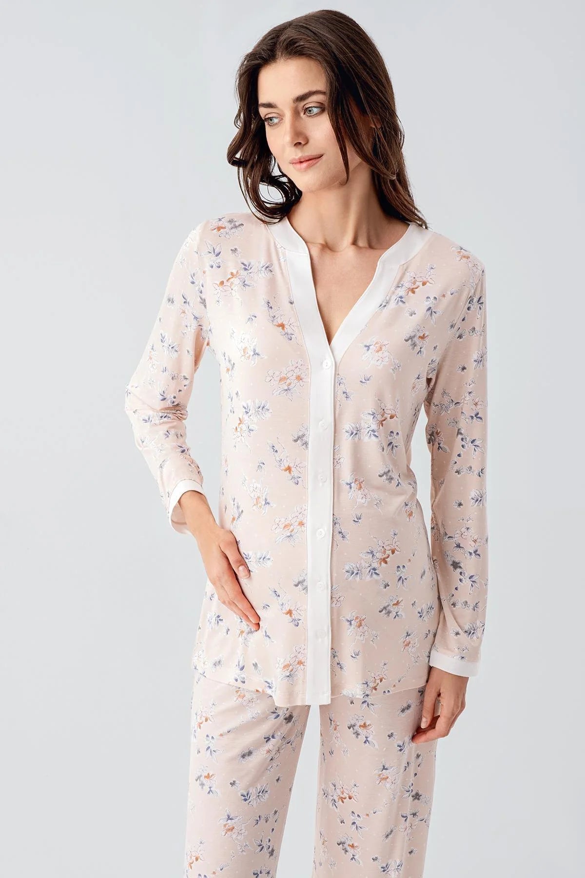 Flower Patterned Maternity & Nursing Pajamas Powder - 16214