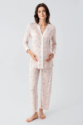 Flower Patterned Maternity & Nursing Pajamas Powder - 16214