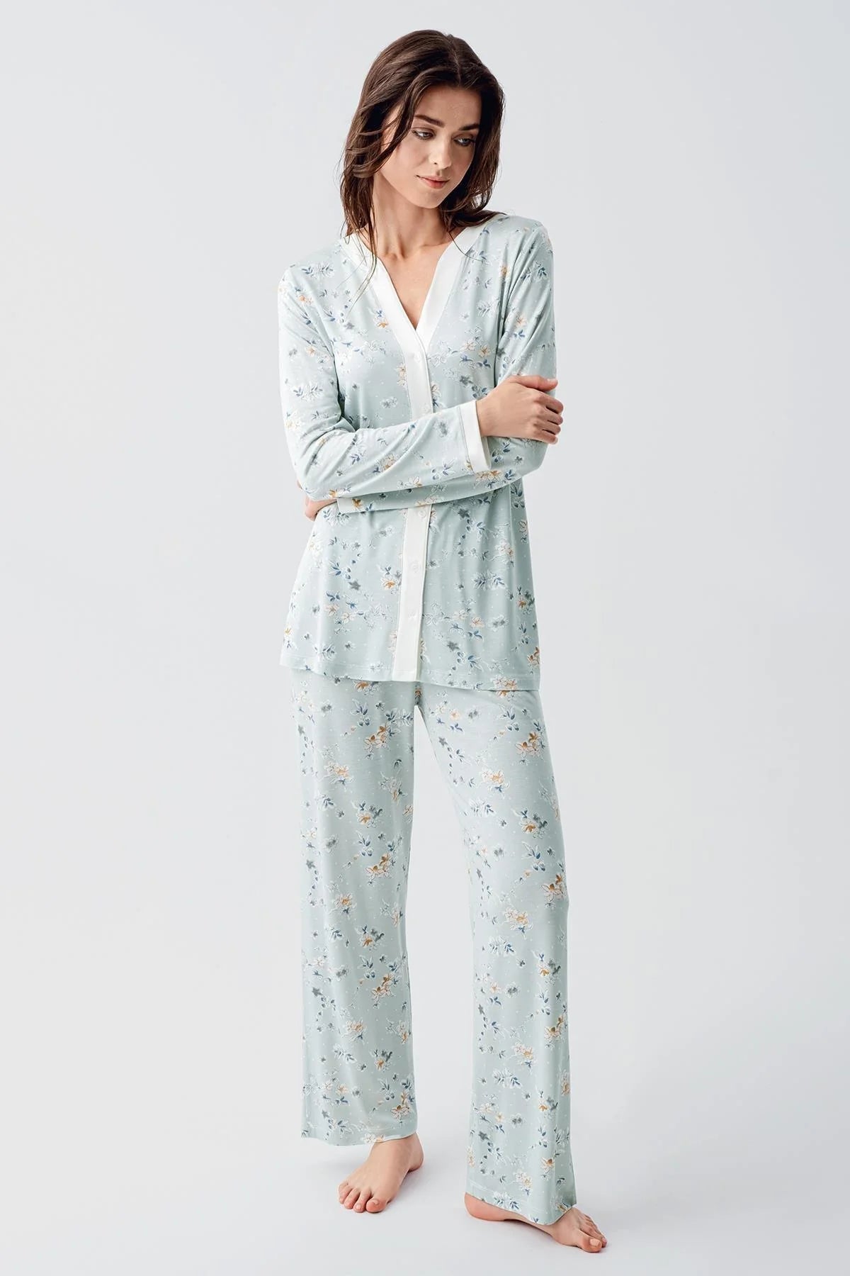 Flower Patterned Maternity & Nursing Pajamas Green - 16214