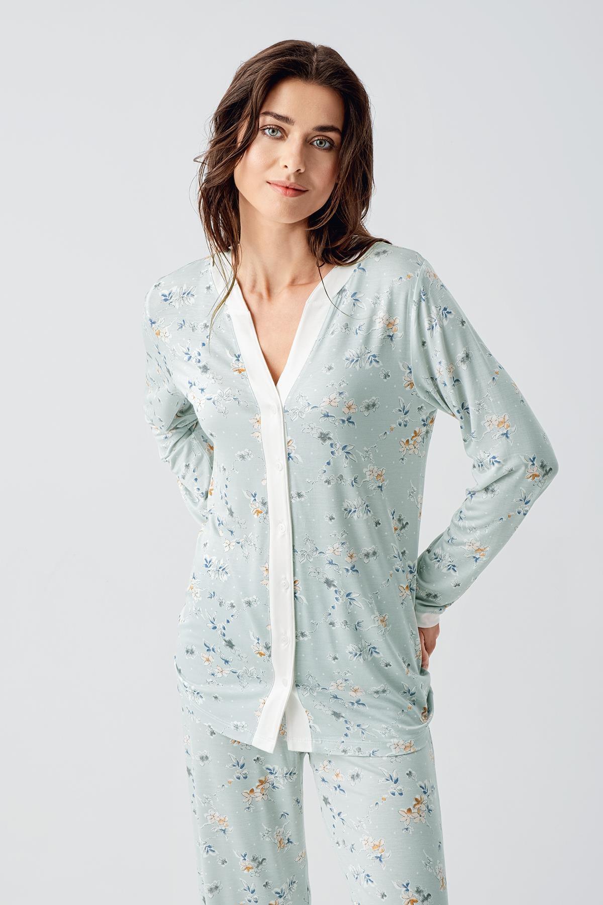 Flower Patterned Maternity & Nursing Pajamas Green - 16214