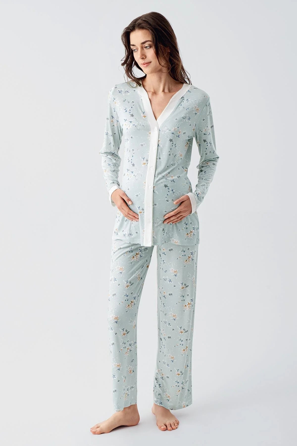 Flower Patterned Maternity & Nursing Pajamas Green - 16214